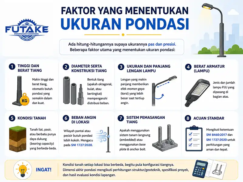 infografis faktor yang menentukan ukuran pondasi sesuai dengan standar yang berlaku untuk pemasangan tiang lampu pju