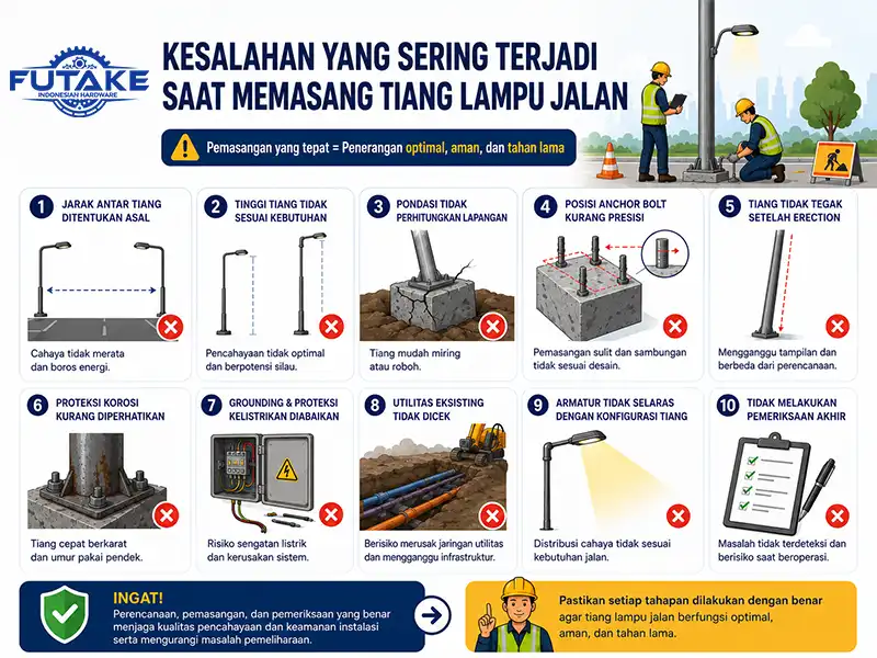 infografis kesalahan yang sering terjadi saat memasang tiang lampu jalan yang sering terjadi