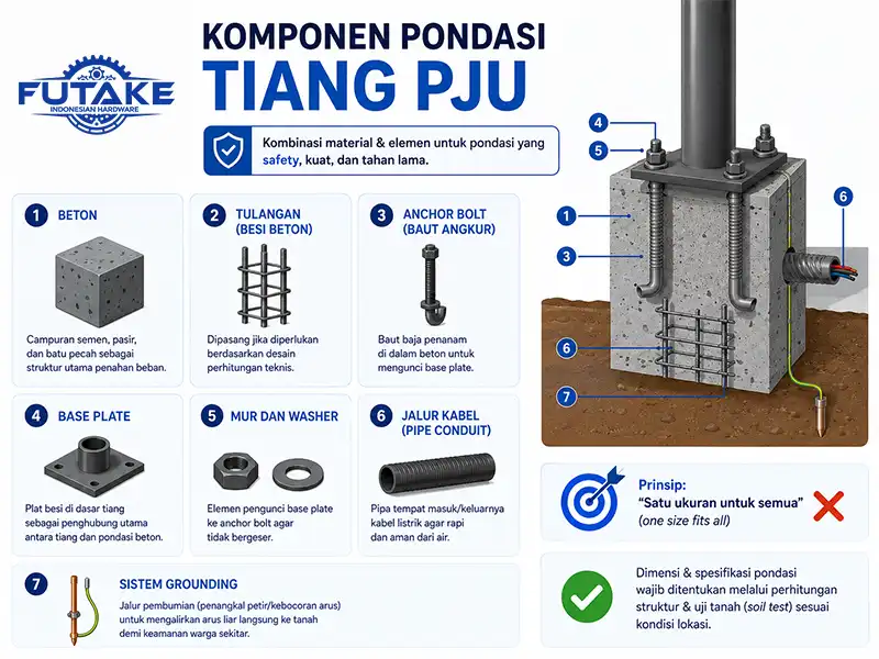 infografis komponen pondasi tiang pju yang berdasarkan standar pemasangan tiang lampu jalan