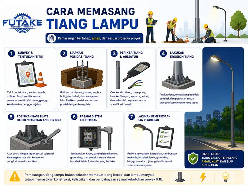 infografis langkah-langkah cara memasang tiang lampu jalan yang sesuai dengan standar dan panduan