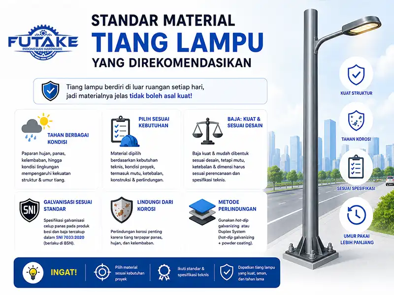 infografis standar material tiang lampu yang direkomendasikan untuk pemasangan tiang lampu pju