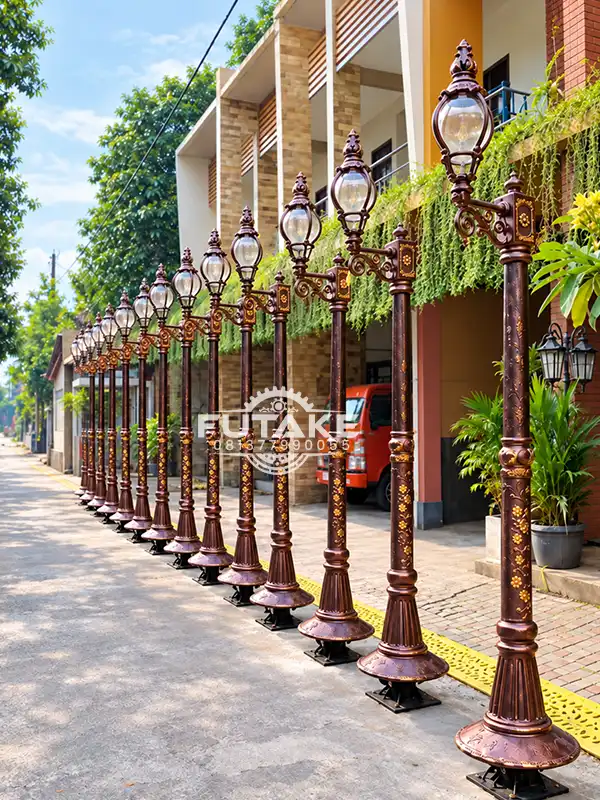 tiang lampu jalan minimalis desain klasik warna tembaga dengan ornamen dekoratif untuk penerangan trotoar dari futake lampu