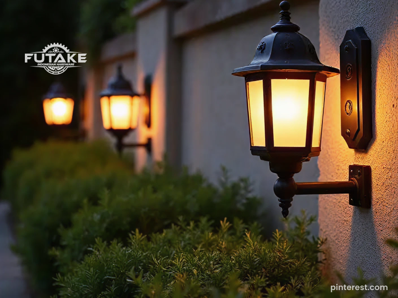 lampu dinding outdoor terpasang di teras rumah untuk pencahayaan malam hari