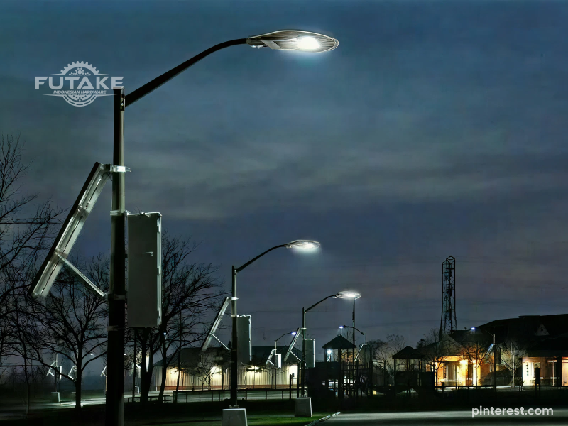 gambar tiang lampu dengan spesifikasi di jalan kota saat malam hari