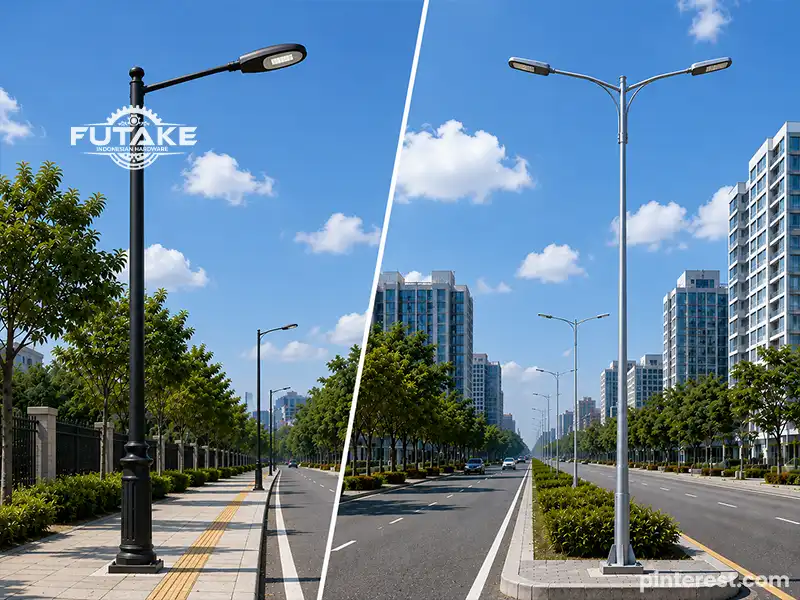 Tiang lampu single arm dan double arm yang digunakan sebagai sistem penerangan jalan.