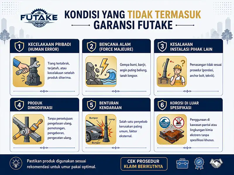 kondisi tiang lampu yang tidak termasuk garansi di futake