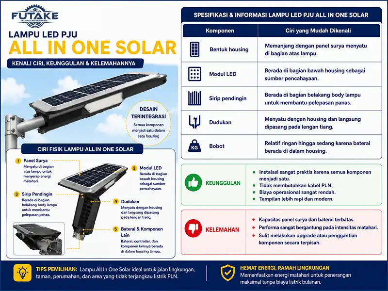 lampu led all in one solar merupakan lampu yang mempunyai banyak komponen yang dikemas ringkas jadi satu dalam satu housing