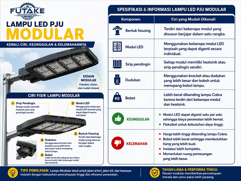 lampu led pju modular dengan beberapa komponen led yang terpisah, sehingga terdapat banyak modul