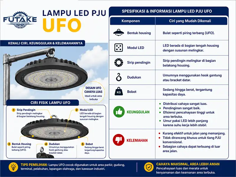 lampu led pju ufo, bentuknya pipih mirip piringan terbang alien yang dapat memberikan pencahayaan 360 derajat