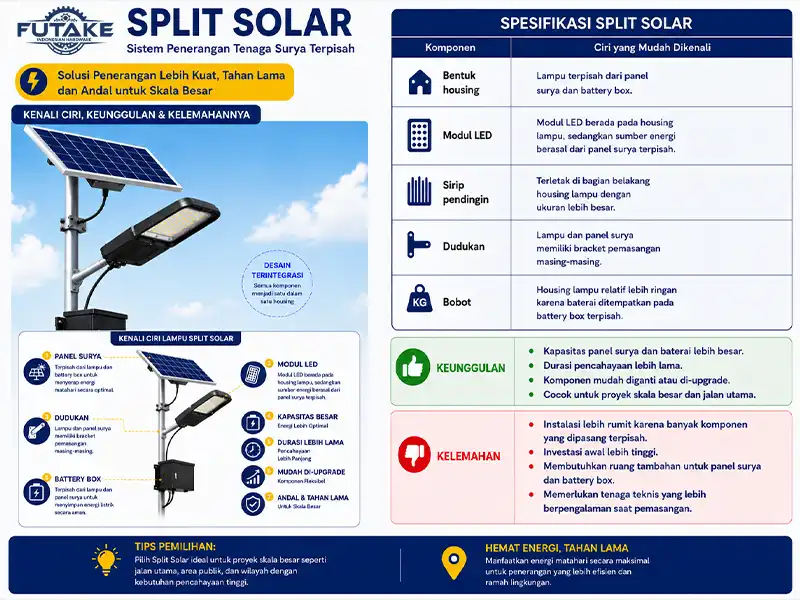 lampu led split solar yang memiliki panel surya yang terpisah dari housing lampunya