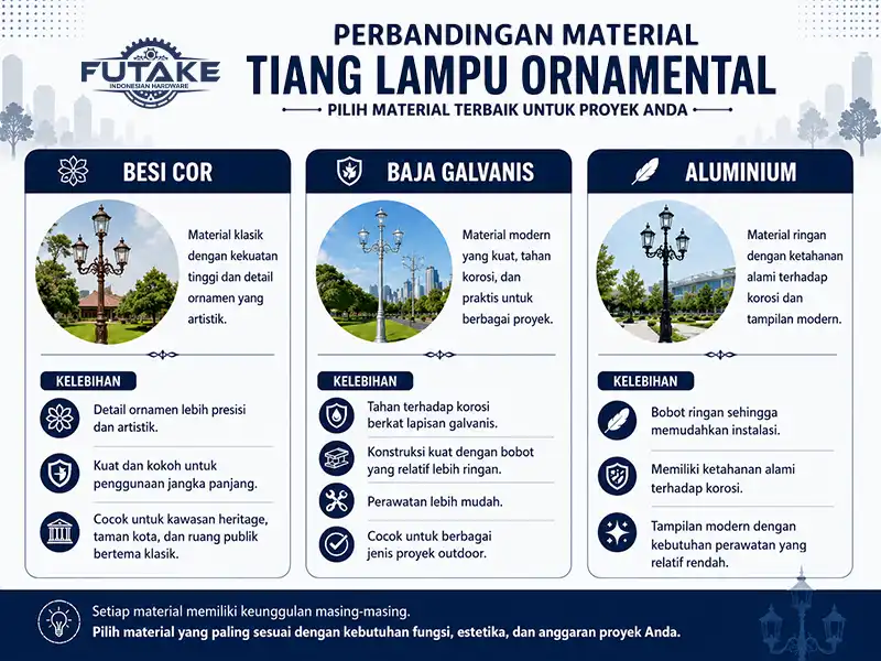 Infografis perbandingan material ornamental pole dari besi cor, baja galvanis, dan aluminium