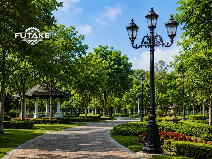 Tiang lampu besi cor dekoratif di taman kota dengan nuansa klasik dan elegan.