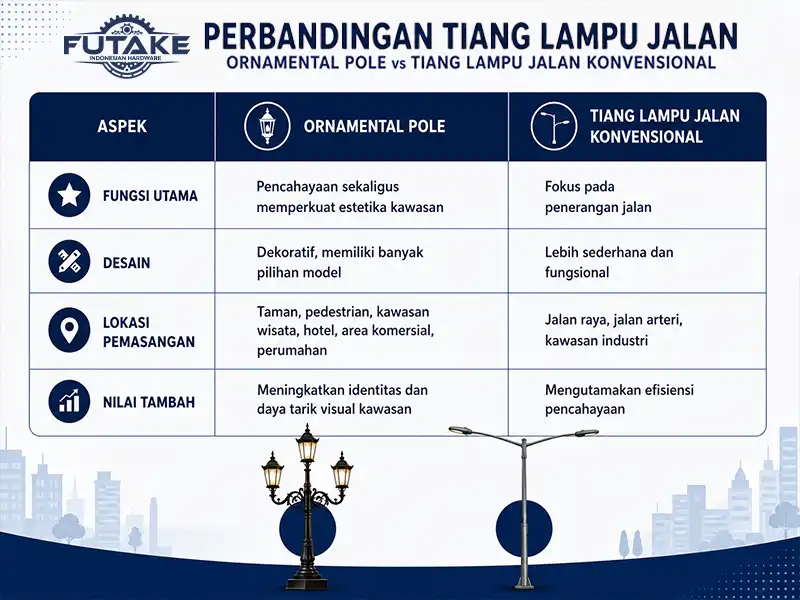 Infografis perbandingan ornamental pole dan tiang lampu jalan konvensional berdasarkan fungsi, desain, dan lokasi pemasangan