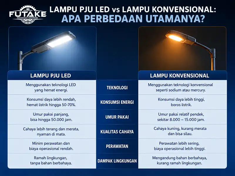 Perbedaan lampu PJU LED dan lampu konvensional dari sisi teknologi dan efisiensi