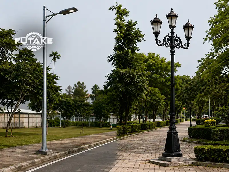 Perbandingan tiang lampu galvanis dan besi cor pada kawasan perkotaan dengan karakter desain yang berbeda.