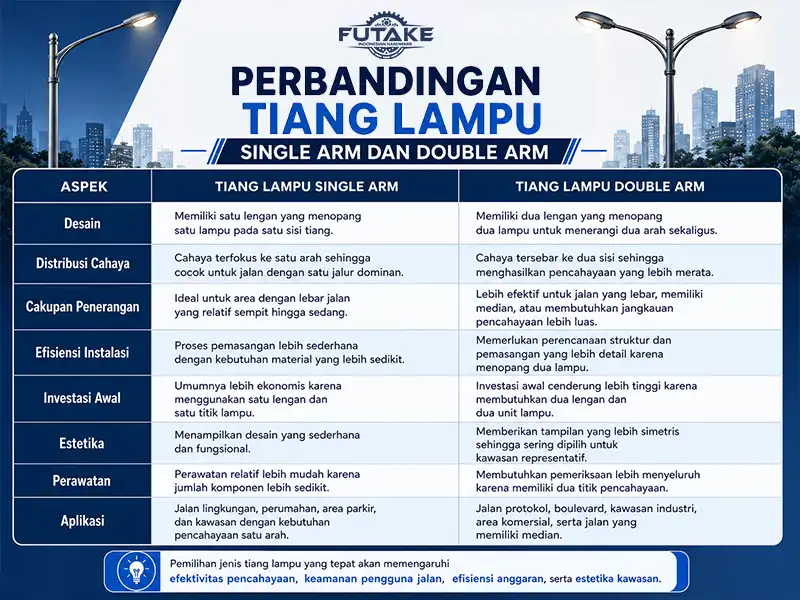 Infografis perbandingan tiang lampu single arm dan double arm berdasarkan fungsi, desain, dan penggunaan.