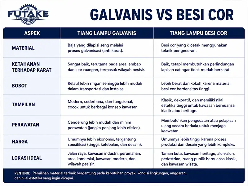 Tabel perbandingan tiang lampu galvanis dan besi cor berdasarkan material, daya tahan, estetika, dan biaya.