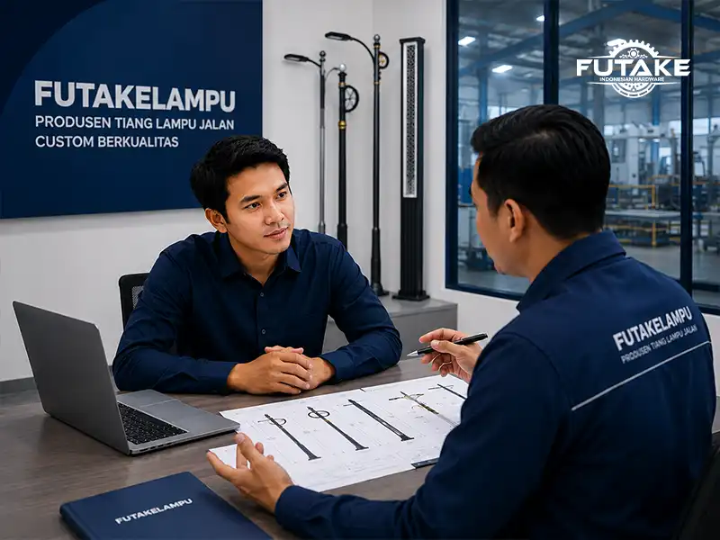 Ilustrasi tahapan order tiang lampu jalan custom langsung di pabrik Futakelampu.