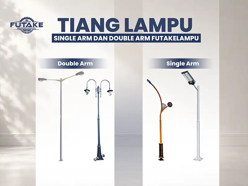 Tiang lampu single arm dan double arm berkualitas untuk proyek penerangan jalan.