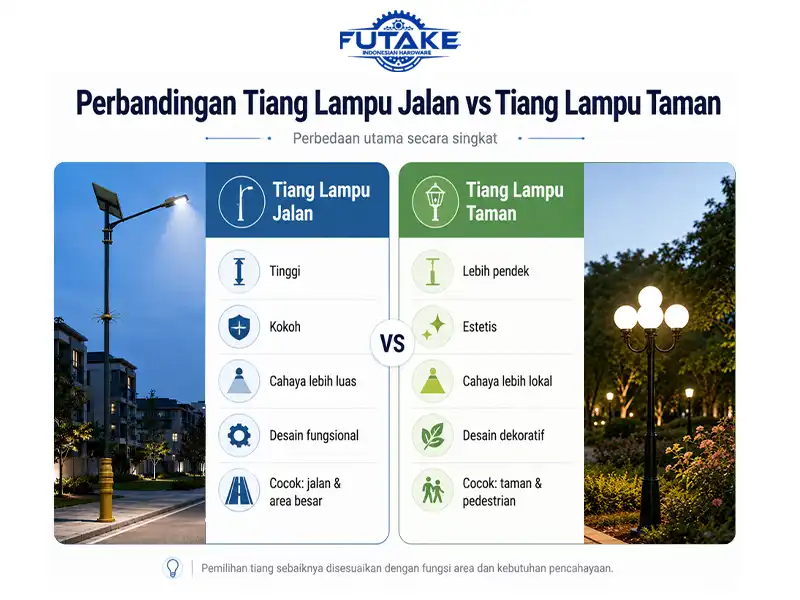 tabel perbandingan tiang lampu jalan vs tiang lampu taman