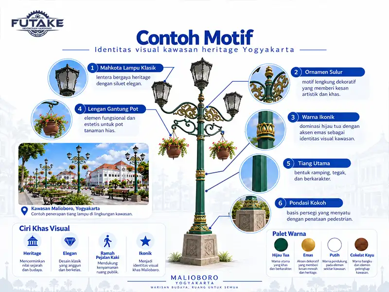 contoh motif tiang lampu yang cocok untuk kawasan malioboro jogja yang mempunyai motif khas jawa