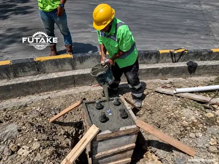 oranng yang sedang melakukan pengecoran pondasi untuk tiang lampu agar kokoh dan tahan lama