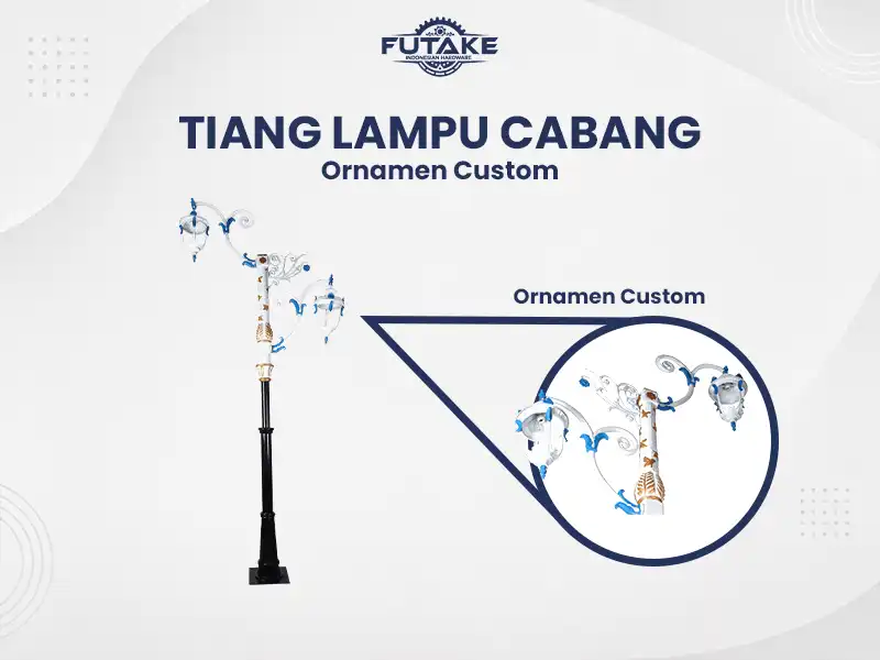 tiang lampu cabang 2 dengan ornamen custom yang khas