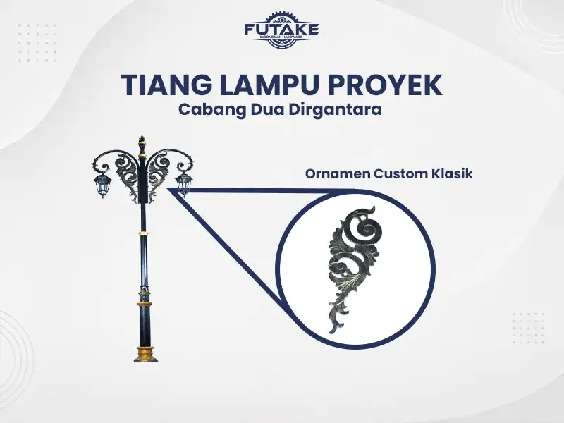 tiang lampu cabang 2 dirgantara dengan ornamen akar yang saling berhadapan