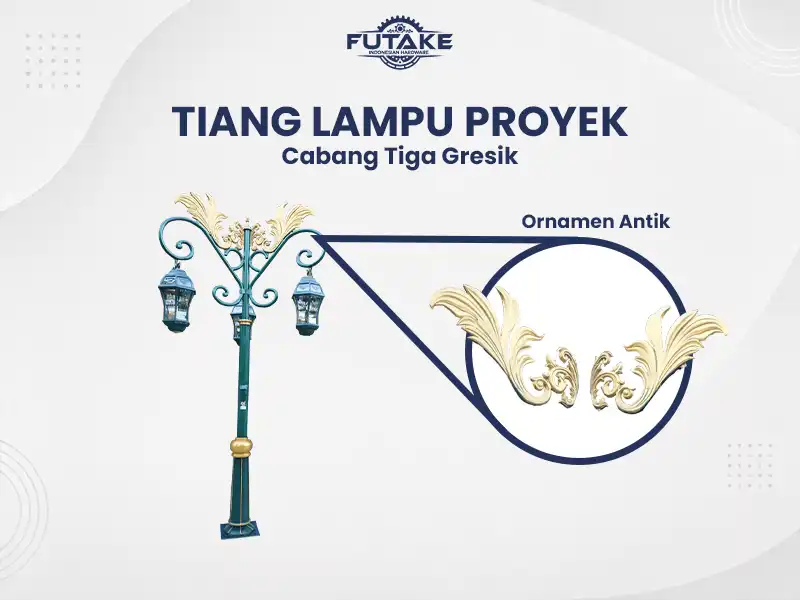 tiang lampu cabang tiga gresik dengan mode atau ornamen menyerupai sayap dan daun