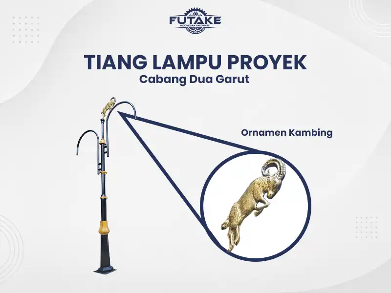 tiang lampu pju cabang 2 kota garut dengna ornamen khas ikonik kota garuk, dengan hewan bersejarahnya yaitu domba atau kambing