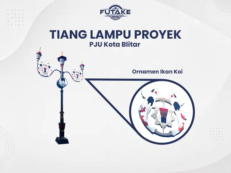 tiang lampu pju kota blitar dengan ornamen koi dan dekoratif Ir.Soekarno yang menggambarkan karakter kawasannya