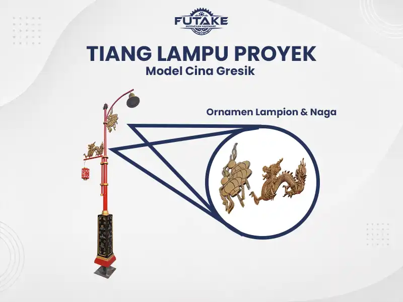 tiang lampu tunggal model cina gresik dengan ornamental berwarna warni sehingga memperkuat karakter